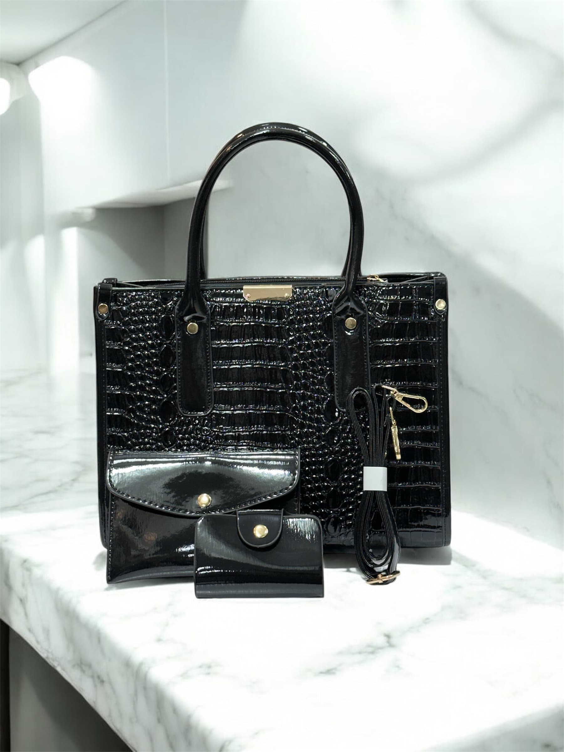 バッグ black crocodile hand bag Glossy Black Crocodile-Texture Handbag Set | Bagifyy Combo