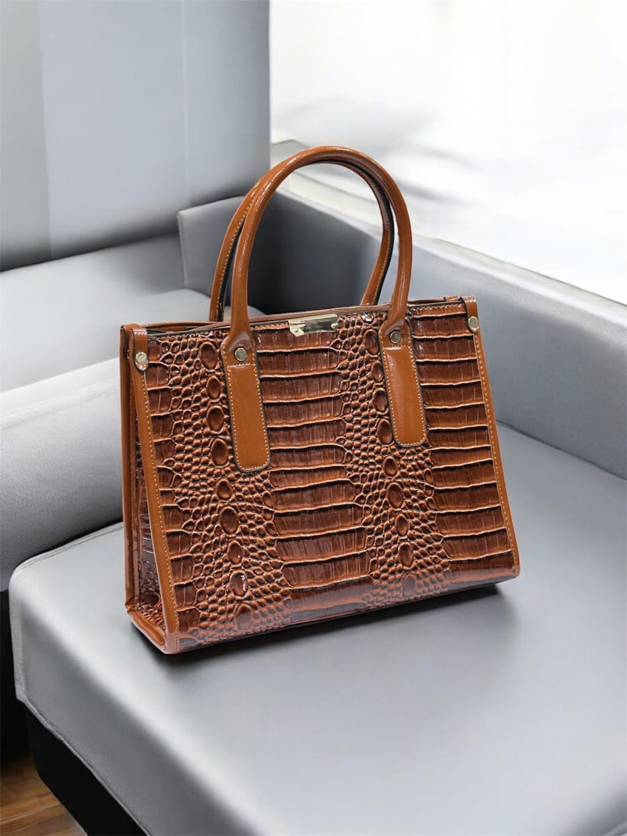 Dark Brown Glossy Croc-Texture Handbag Set for Women – 3-in-1 Premium Combo by Bagifyy
