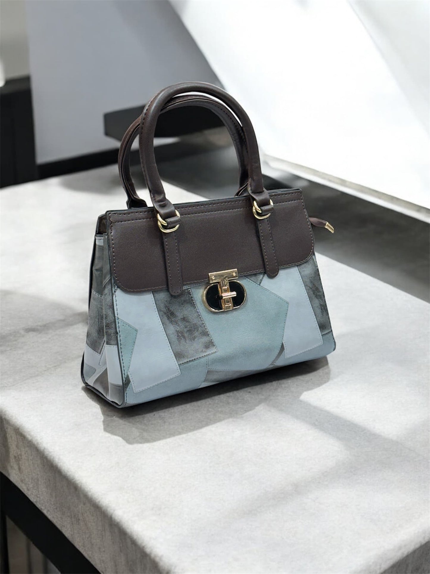 Elegant Duo-Tone Handbag Set – Light Blue & Grey with Matching Wallets