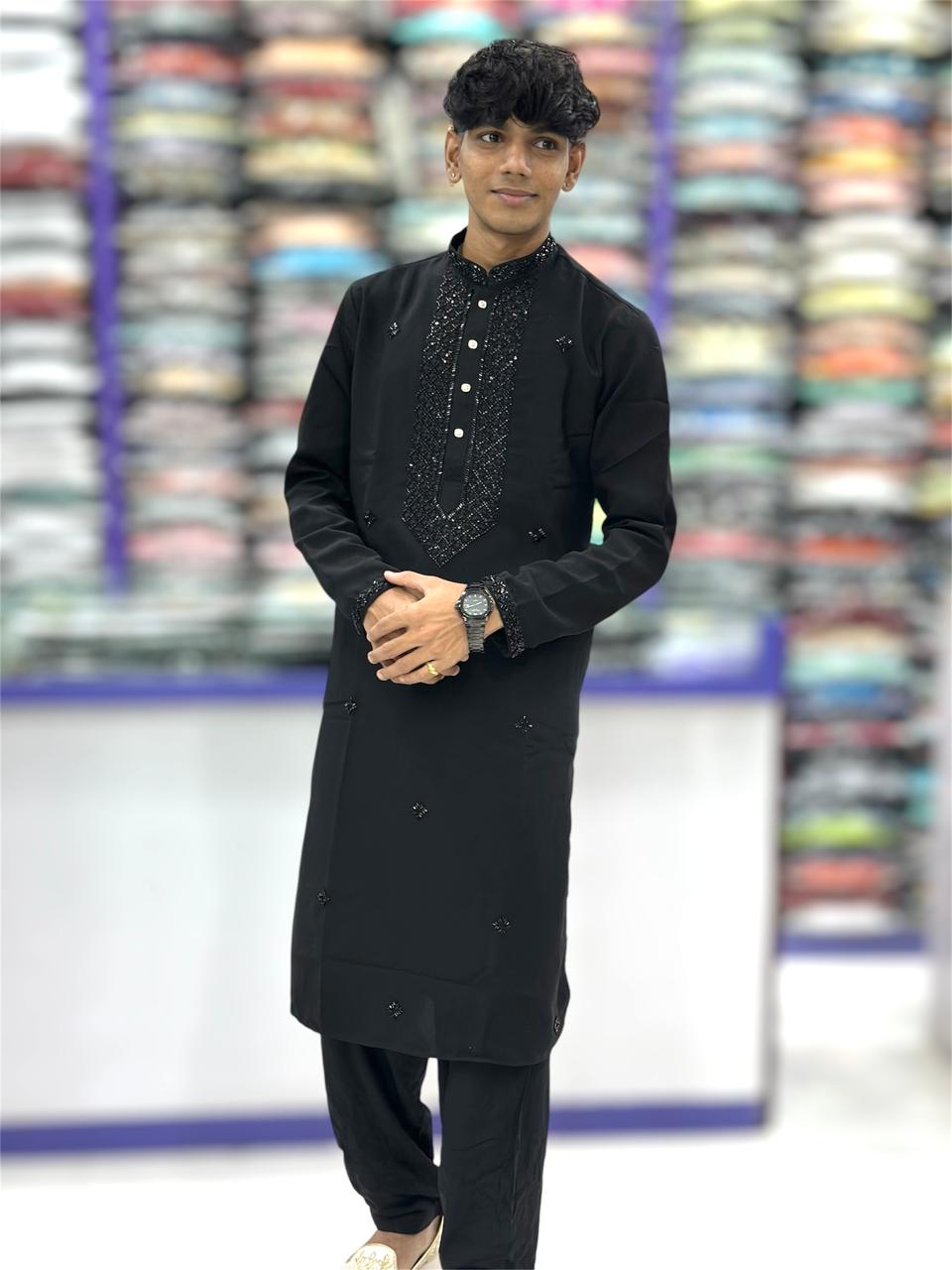 Designer Black Kurta Set for Men | Hand Embroidered Wedding Wear – ₹2999