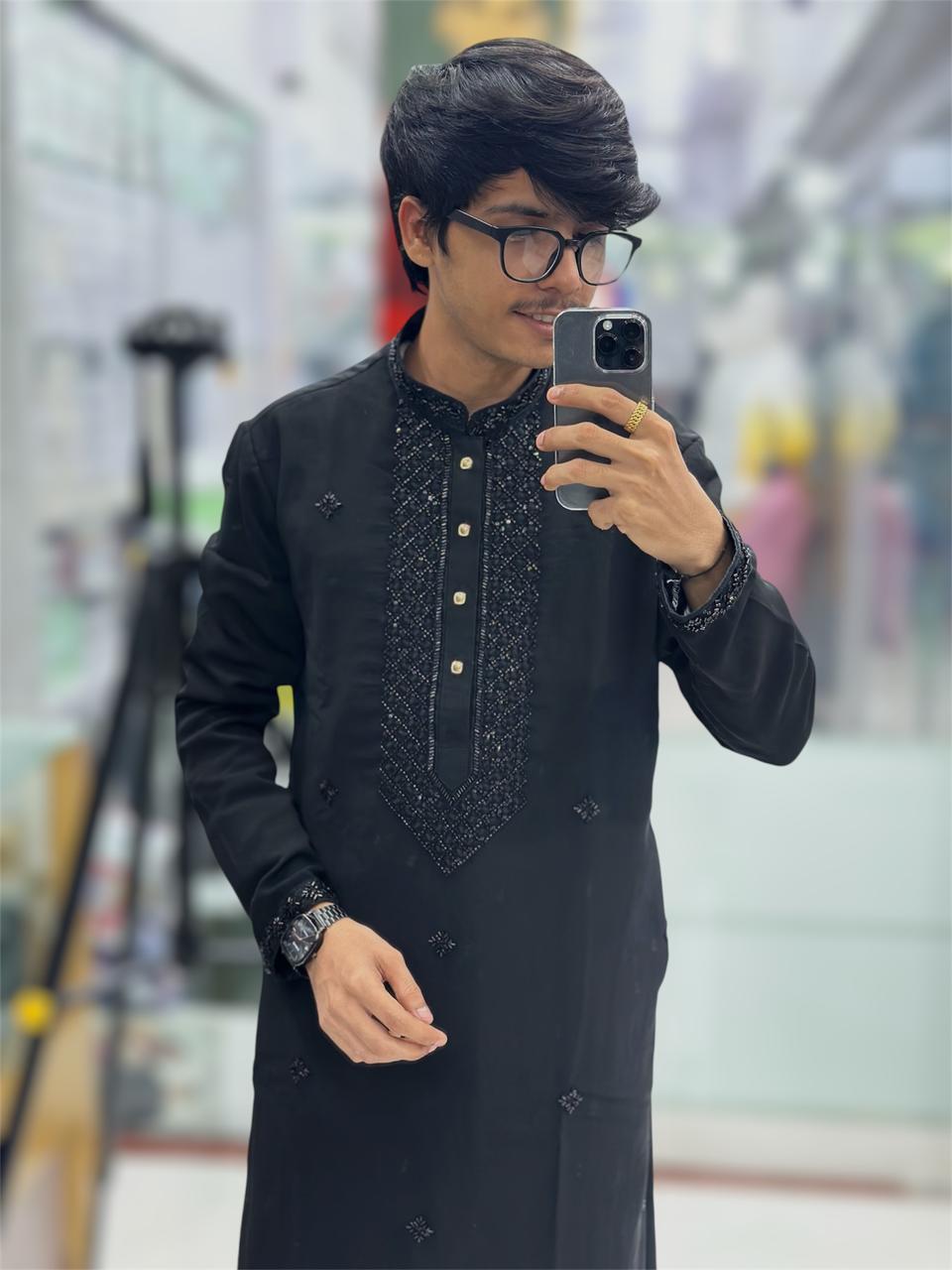 Designer Black Kurta Set for Men | Hand Embroidered Wedding Wear – ₹2999
