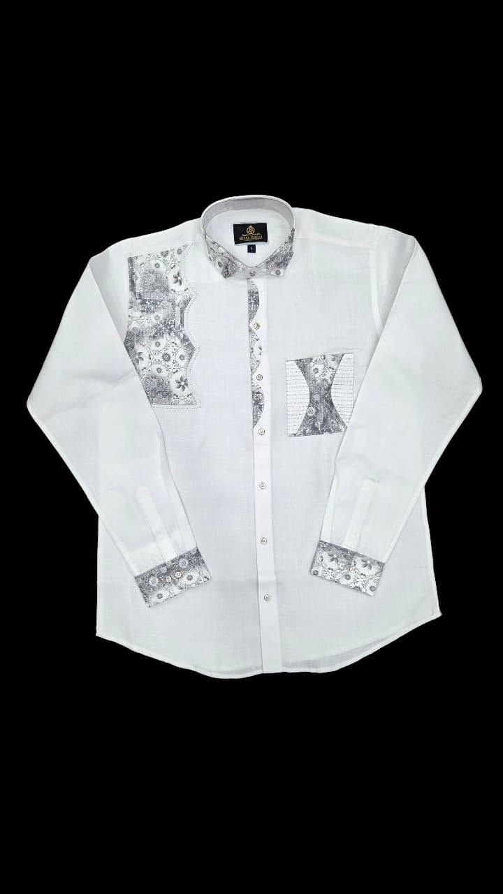 White Jethalal Designer Shirt for Men with Black Floral Embroidery | Full & Half Sleeves | Sizes M to 3XL