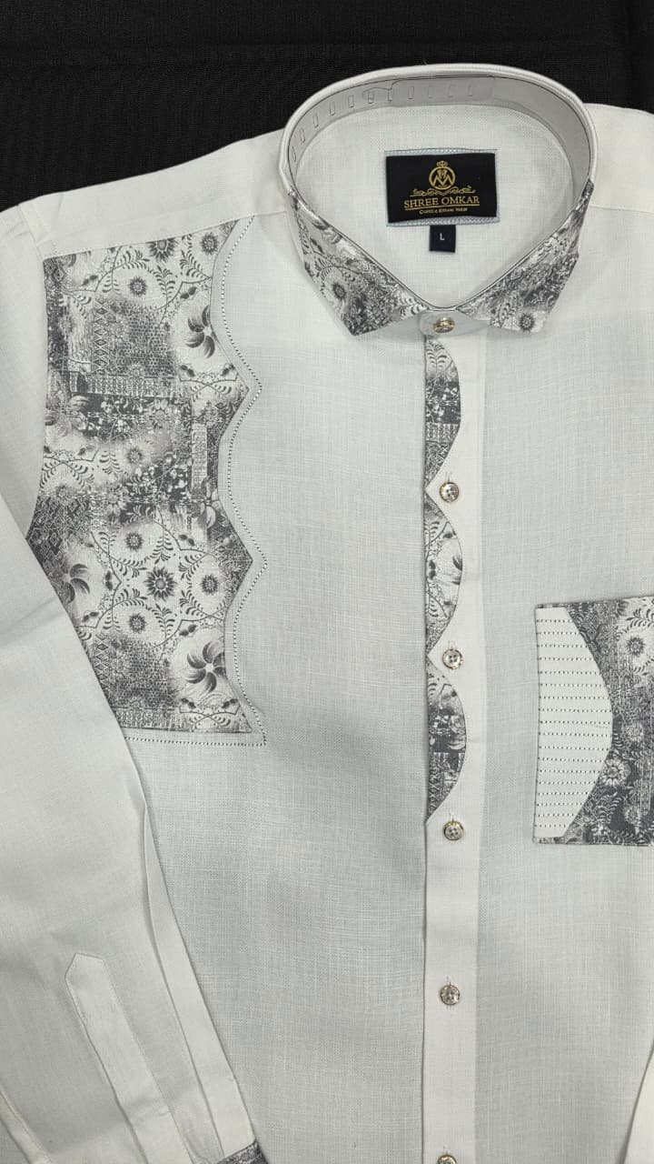 White Jethalal Designer Shirt for Men with Black Floral Embroidery | Full & Half Sleeves | Sizes M to 3XL