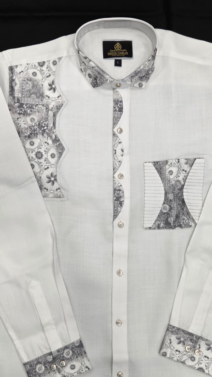 White Jethalal Designer Shirt for Men with Black Floral Embroidery | Full & Half Sleeves | Sizes M to 3XL