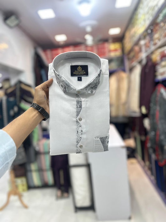 White Jethalal Designer Shirt for Men with Black Floral Embroidery | Full & Half Sleeves | Sizes M to 3XL