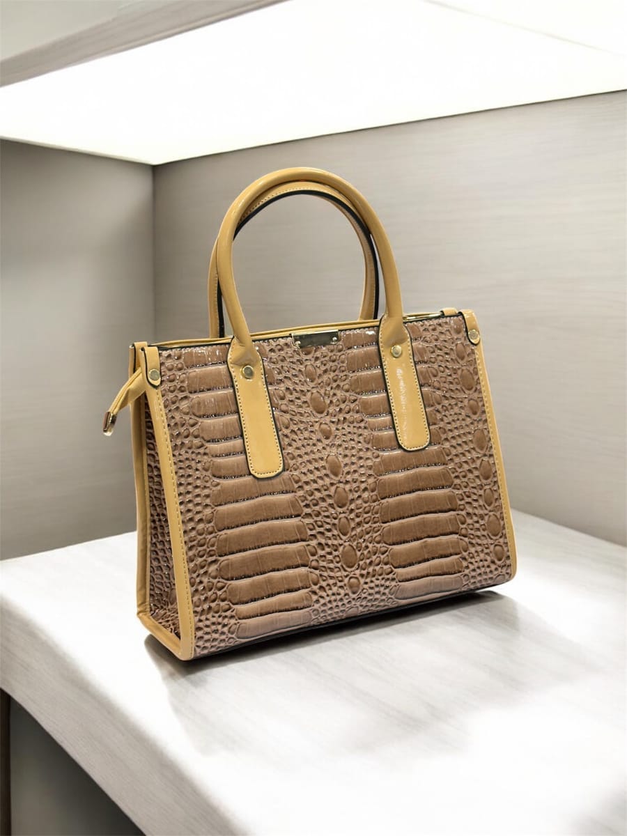 Light Brown Glossy Croc-Texture Handbag Set for Women – 3-in-1 Designer Combo by Bagifyy