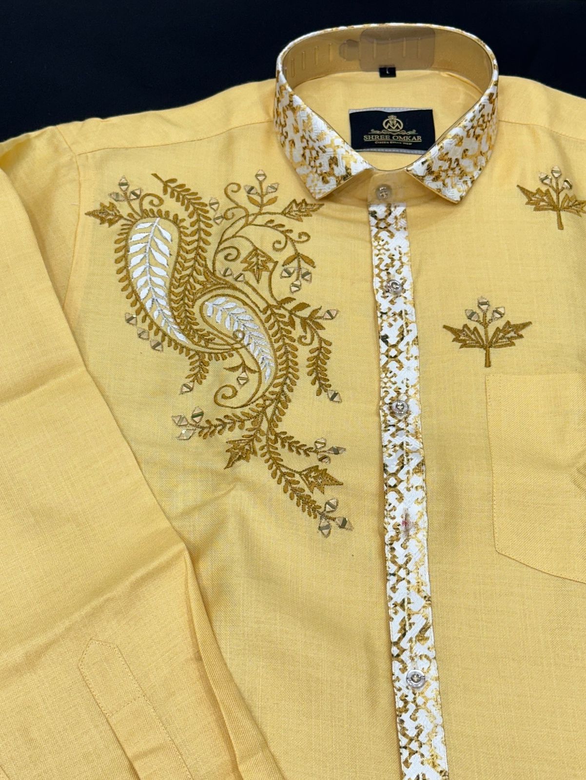 Yellow Designer Jethalal Shirt with Hand Embroidery