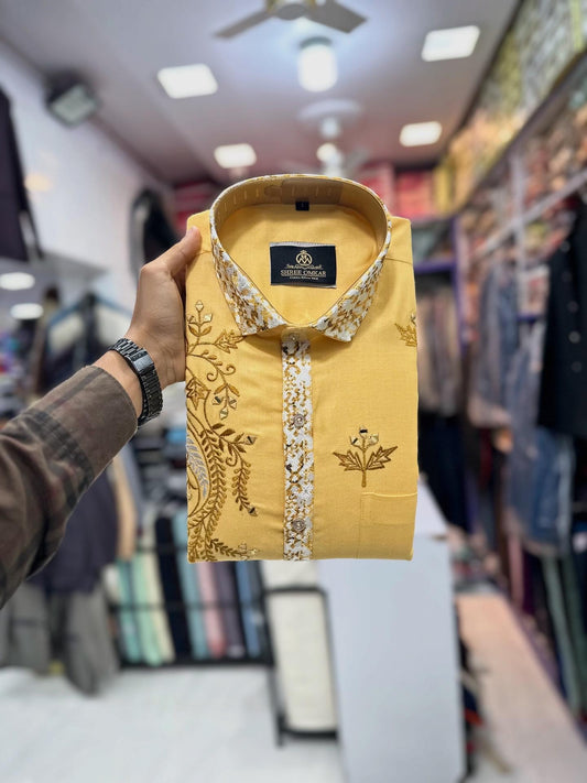 Yellow Designer Jethalal Shirt with Hand Embroidery