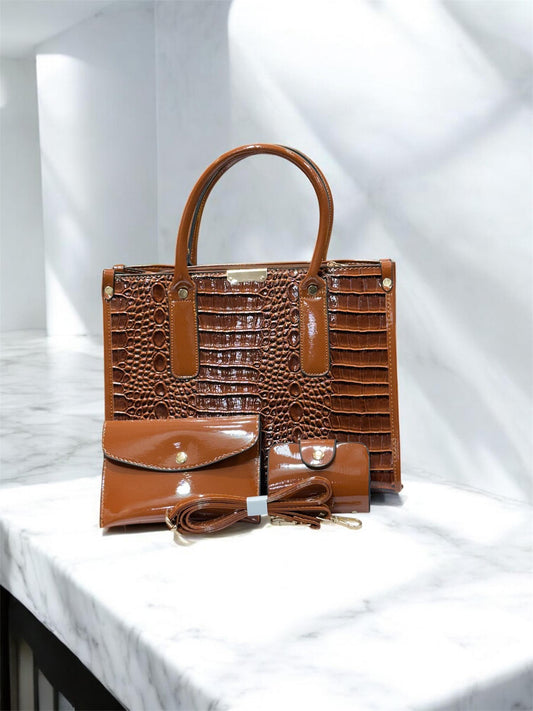 Dark Brown Glossy Croc-Texture Handbag Set for Women – 3-in-1 Premium Combo by Bagifyy