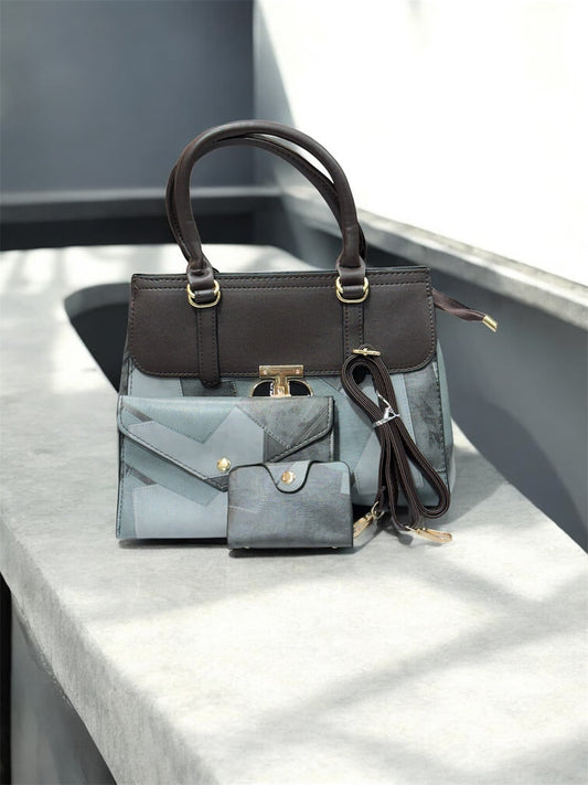 Elegant Duo-Tone Handbag Set – Light Blue & Grey with Matching Wallets