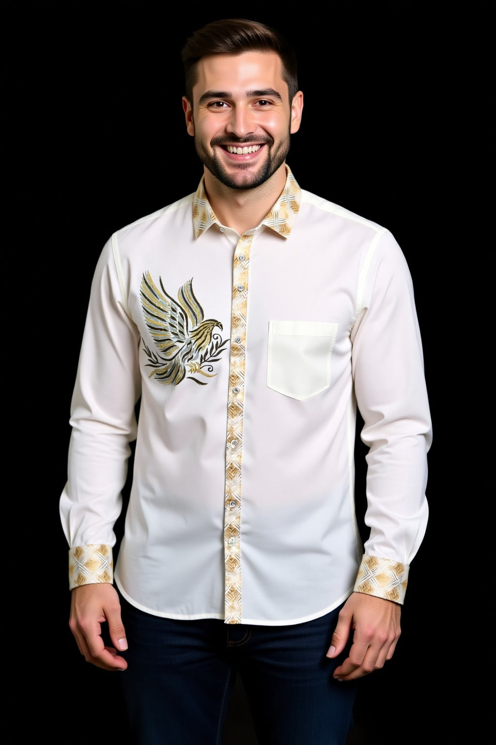 Cream Eagle Embroidery Designer Shirt – By Shree Omkar