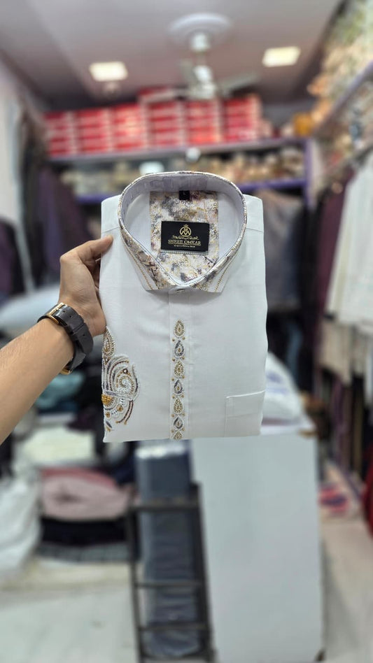 Designer Embroidered Shirt for Men – White Premium Party Wear Shirt