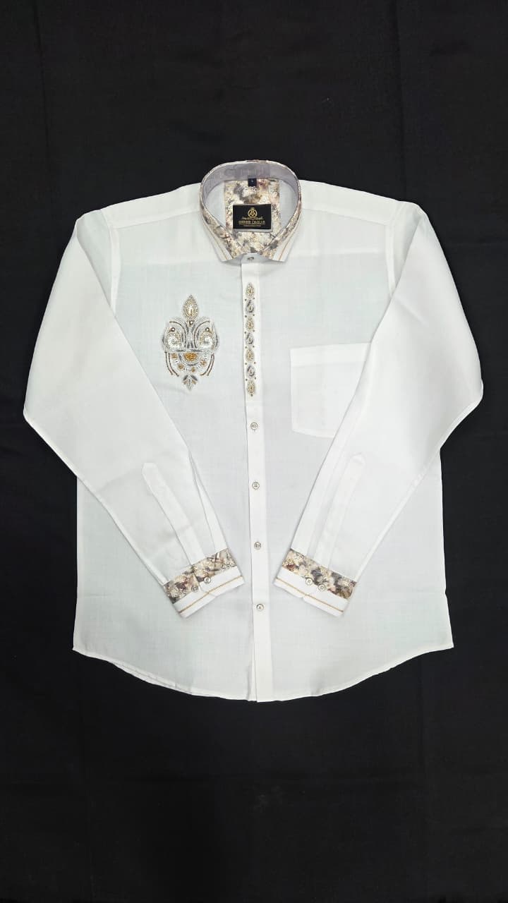 Designer Embroidered Shirt for Men – White Premium Party Wear Shirt