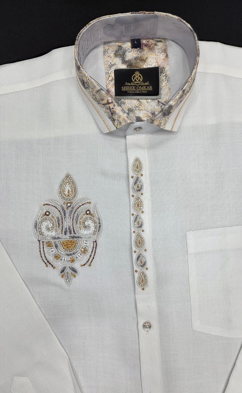 Designer Embroidered Shirt for Men – White Premium Party Wear Shirt