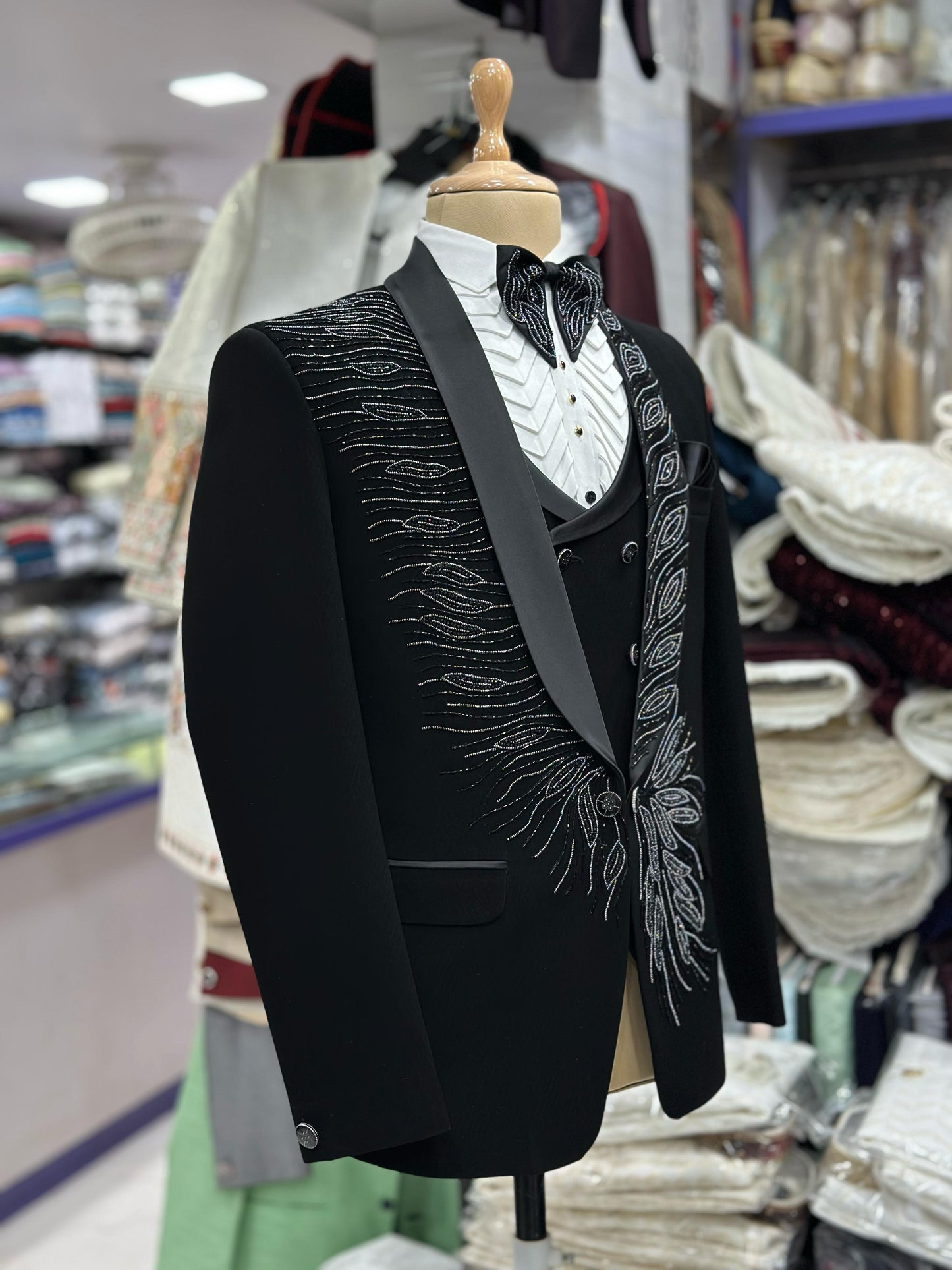 Black Designer Tuxedo Suit By Shree Omkar