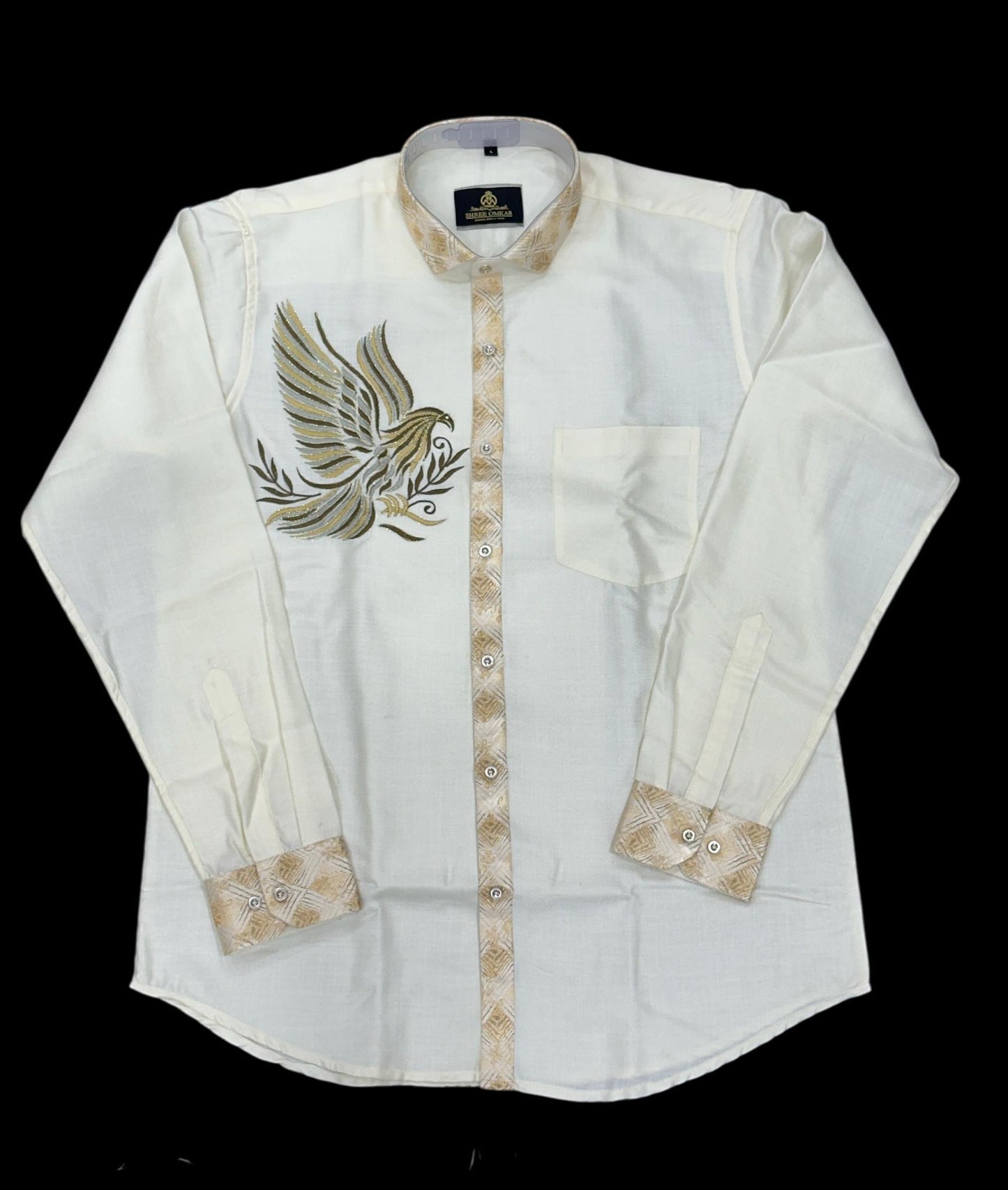 Cream Eagle Embroidery Designer Shirt – By Shree Omkar