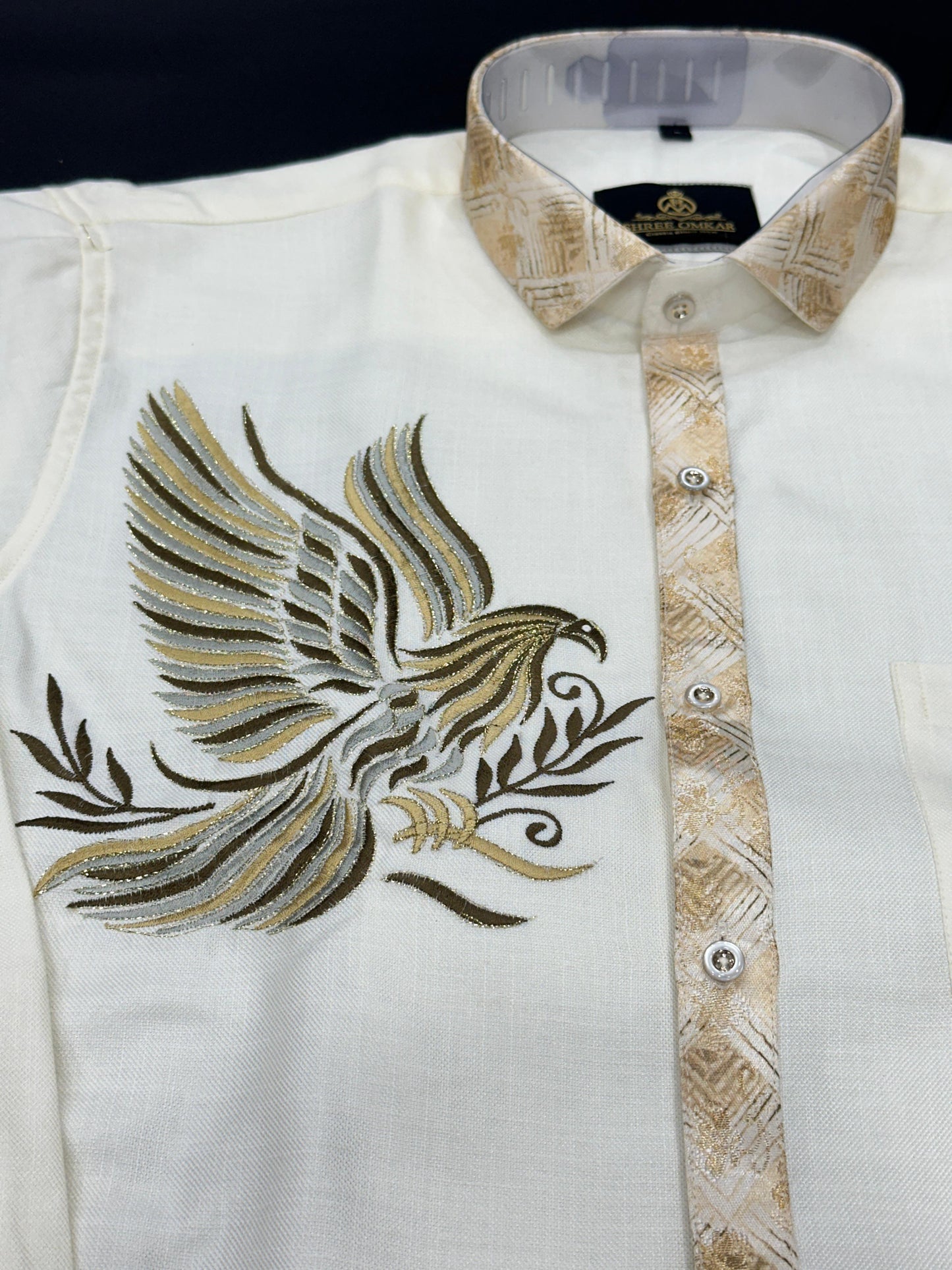 Cream Eagle Embroidery Designer Shirt – By Shree Omkar
