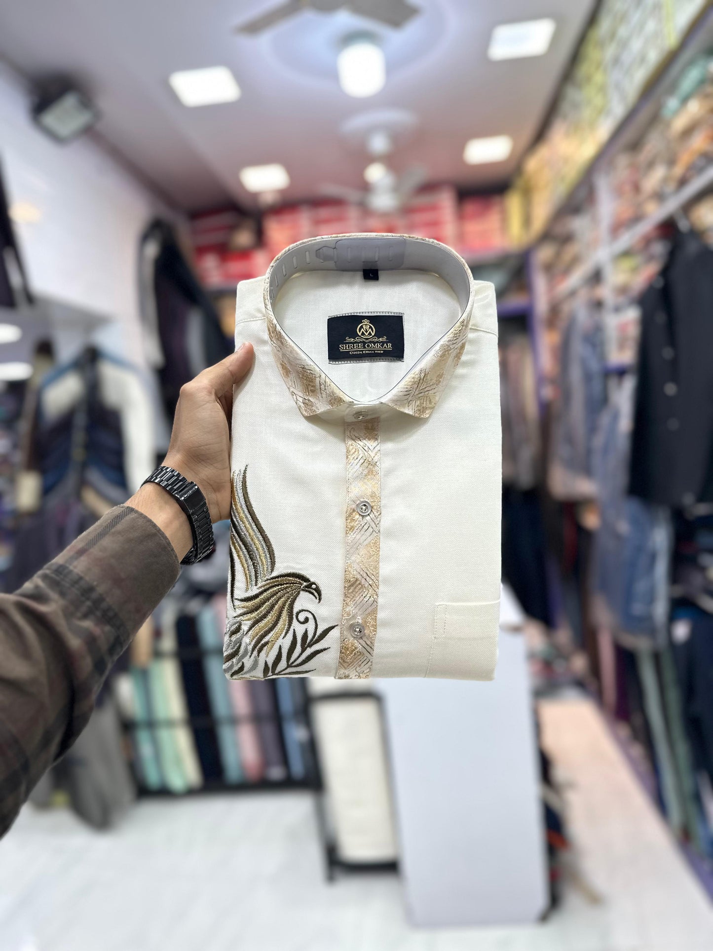Cream Eagle Embroidered Designer Shirt