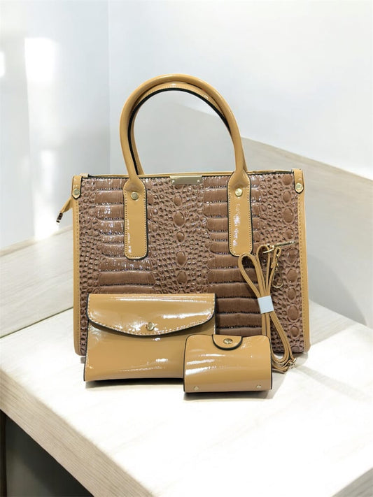 Light Brown Glossy Croc-Texture Handbag Set for Women – 3-in-1 Designer Combo by Bagifyy