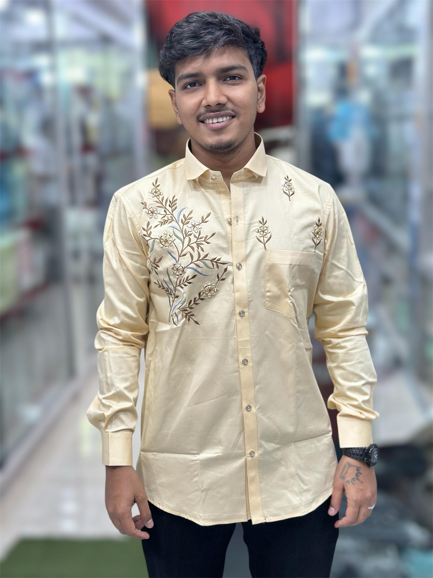 Yellow Mirror Work Designer Shirt